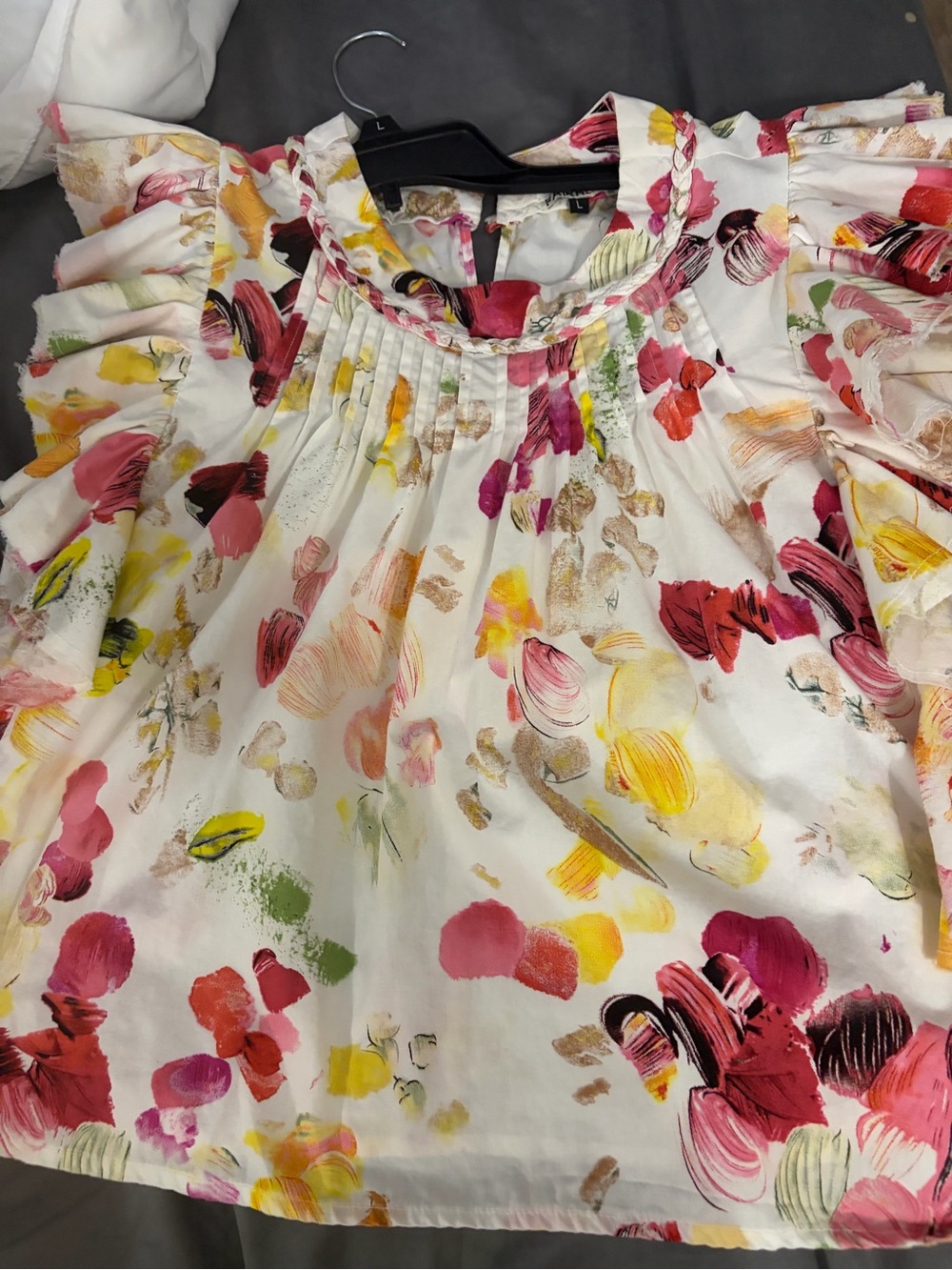 Fairhope Blouse Women’s Large Pink Floral Ruffle Sleeve Braid Neck Top  Cotton - Picture 6 of 8